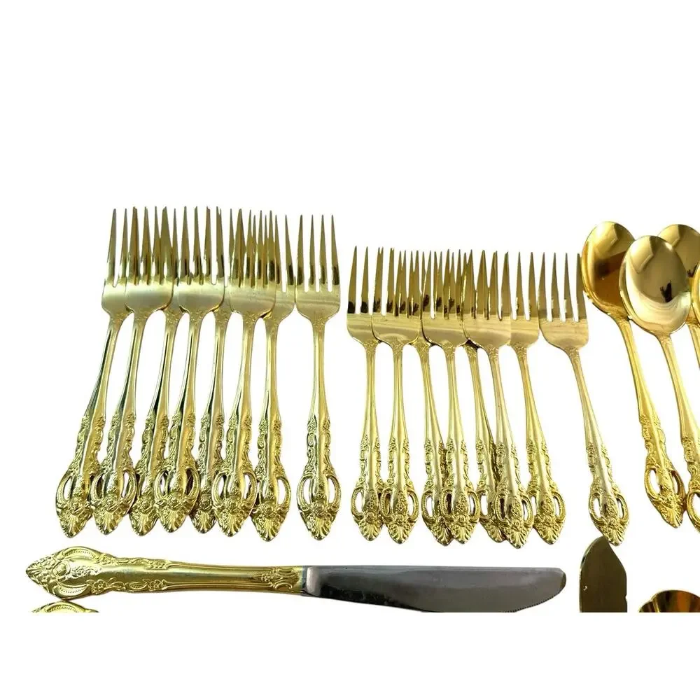 Vintage 44 Pc 24K Gold Plated Korea Flatware Set Ornate Rose Pierced